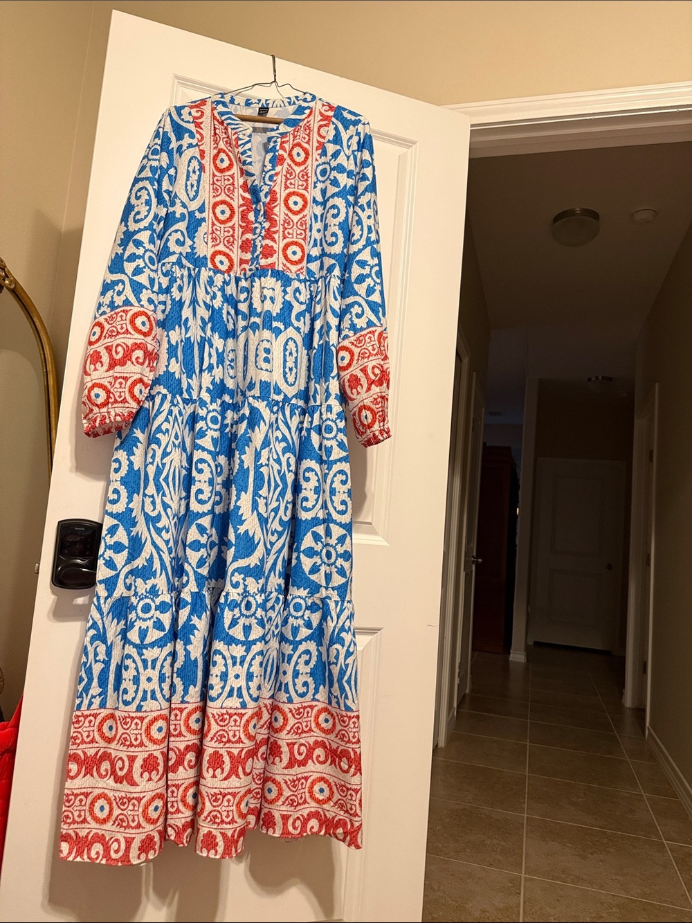 SHEIN Blue and Red Printed Tiered Midi Dress